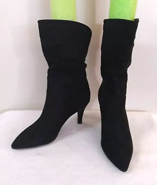 WOMEN'S SUEDE BOOTS Black High Heel Slip On Dress Boot Mid Calf US Size ...