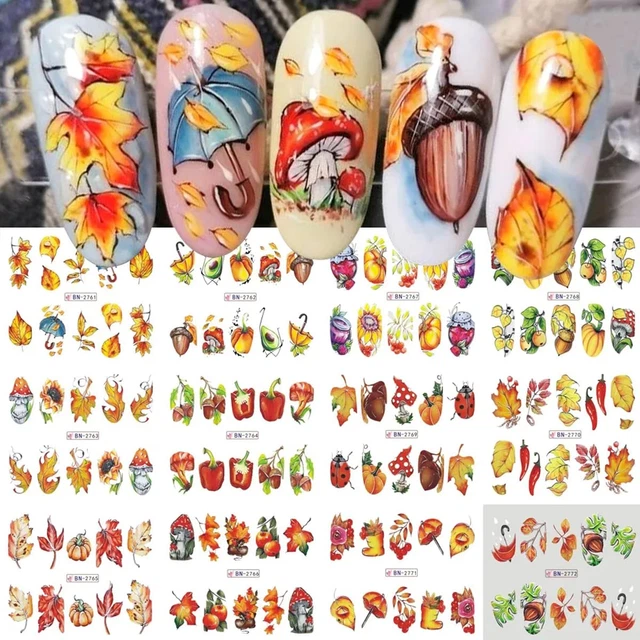 12Pcs Maple Leaf Nail Stickers Fall Nail Art Water Decals Chili Mushroom Sunflow