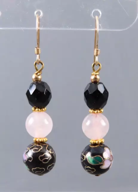 14K YELLOW GOLD Dangle Earrings PINK ROSE QUARTZ Black Onyx Beads CLOISONNE DROP