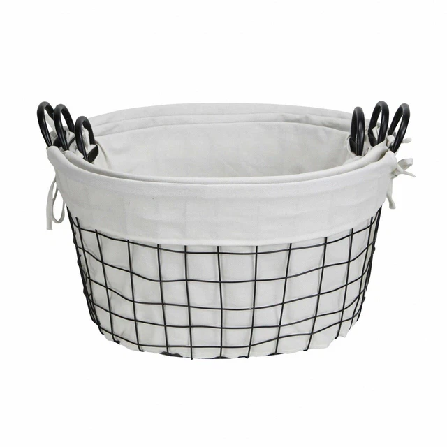 Decorative Set of 3 Oval White Lined and Metal Wire Baskets with Handles