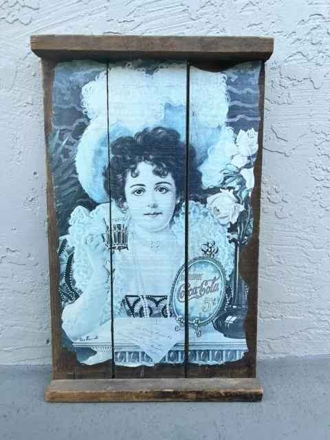 Vintage Coca Cola Wooden Wall Art Victorian Woman 5c on Wood 24”X36”