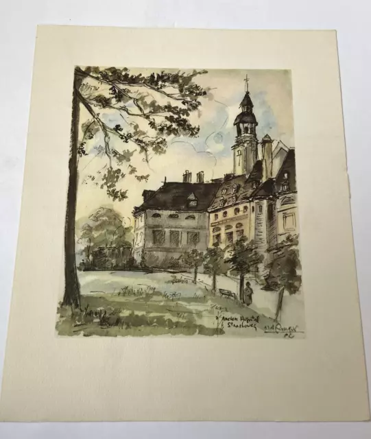 Gravure impression Vieux Hopitaux France STRASBOURG Labo Pharmacie 1960