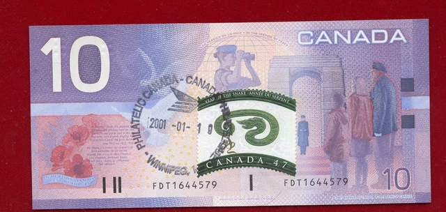Canada   Series 2001 $10 Notes Bc-63A Crisp Unc "W/First Date Cancelled Stamp"