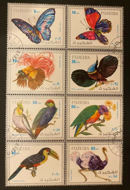 B566 Briefmarken Bogen Block Fujeira Schmetterlinge Vögel Arabische Emirate 1972