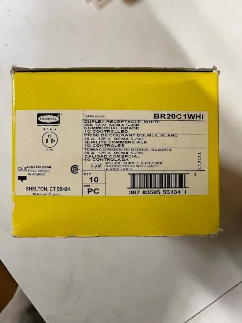 10 NEW Hubbell BR20C1WHI Receptacle 1/2 Load Controlled Outlet White 20A 125V