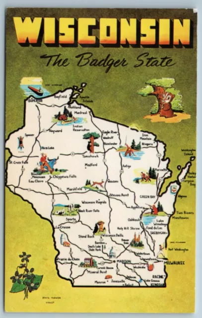 POSTCARD WI WISCONSIN The Badger State Map Highways & Cities $9.95 - PicClick