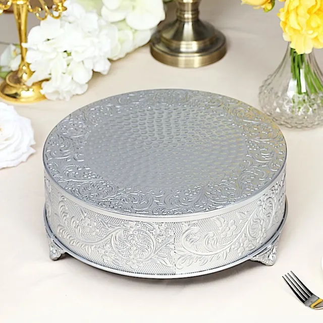 SILVER 14" wide Round Floral Embossed Cake Stand Cupcake Display Wedding Party
