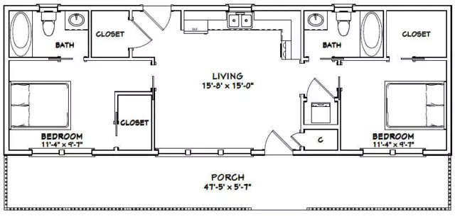 Casa 48x16 - 2 dormitorios 2 baños - 768 pies cuadrados - planta PDF - modelo 1A 2