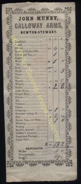 1852 NEWTON-STEWART  John Munby, Rare GALLOWAY ARMS INN Original receipt