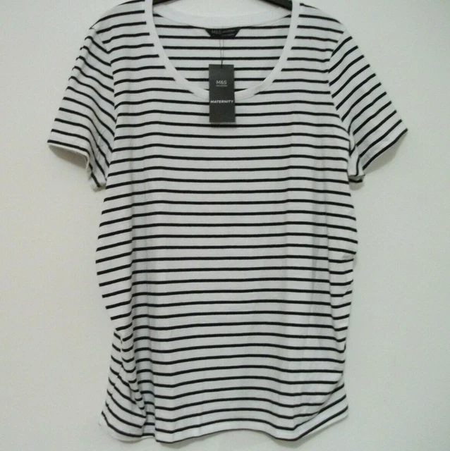 Camiseta de Maternidad M&S Damas Talla GRANDE Mangas Cortas a Rayas Negra y Blanca Nueva con Etiquetas