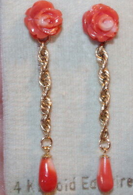 Rare Japanese 14K Salmon Momo 10Mm Rose Fancy Coral Stud  & Tear Drop Earrings