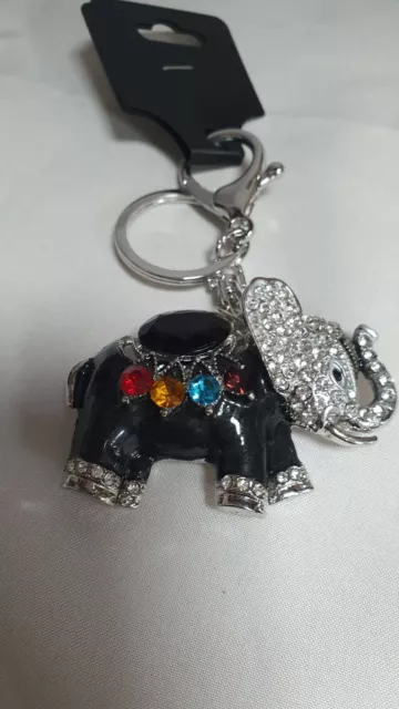 Stylish Black Elephant Keyring Handbag Charm Heavy Quality Crystal Silver