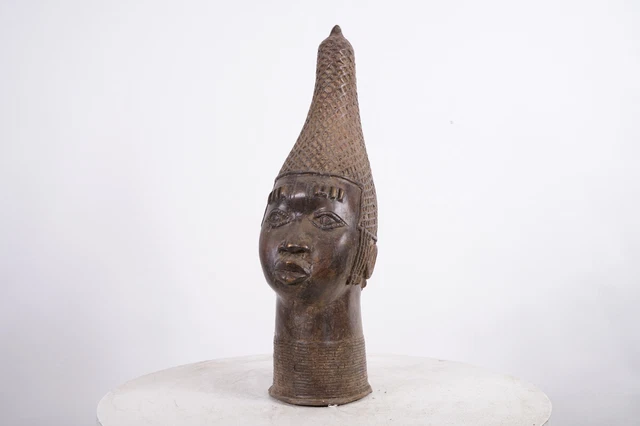 Attractive Benin Bronze Head 20" - Nigeria - African Tribal Art