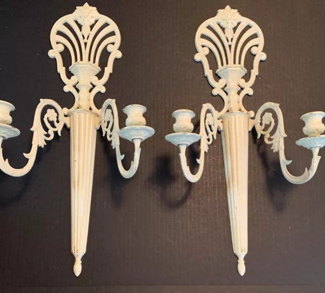 Vtg Pair Brass Painted 2 Arm Victorian Style Taper Candle Wall Mount Sconce 22"