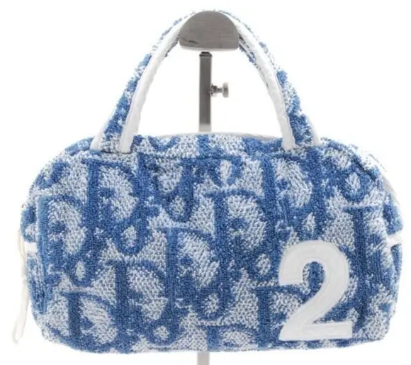CHRISTIAN DIOR Logo Trotter Pattern Hand Bag Canvas Leather Blue France  33JF269