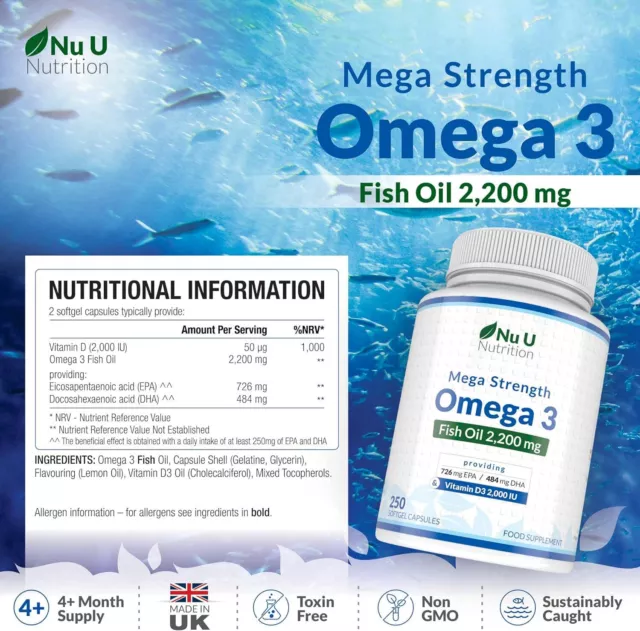 Omega 3 2200mg with D3 2,000 IU - 250 Softgels 720mg EPA 480mg DHA 2