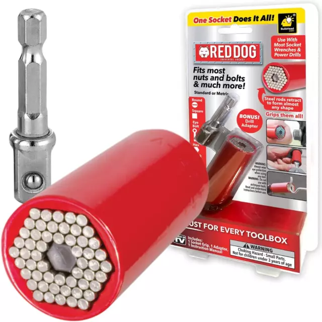 Red Dog Socket W/Bonus Drill Adapter AS-SEEN-ON-TV, Fits Most Nuts, Bolts, Use w