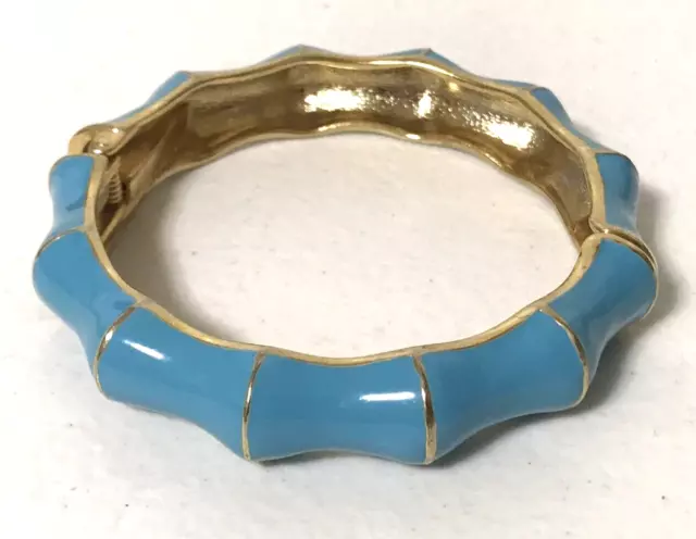 Vintage Bamboo Style Enameled Hinged Cuff Bangle Bracelet Blue Gold Tone