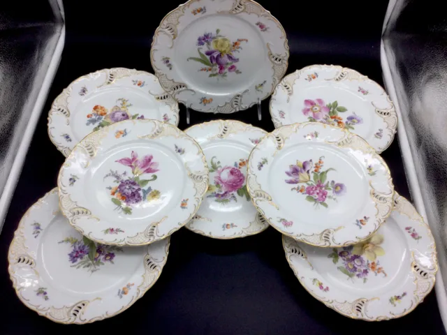 8 Nymphenburg Reticulated Flowers Gilt Gold 8 3/8" Plates Lot Set