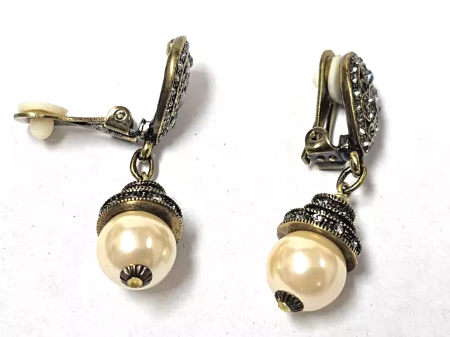 Designer Heidi Daus Crystal and Pearl  Clip Dangle Earrings