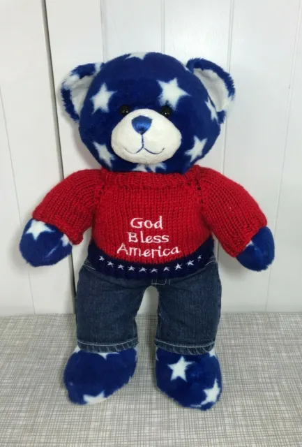💜 Build a Bear Patriotic White Stars Blue Bear w/ God Bless America Sweater 💜