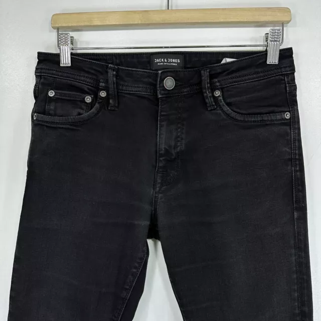 JACK & JONES Jeans Mens W29 L29 Black Slim Tapered Stretch Denim Button Glenn