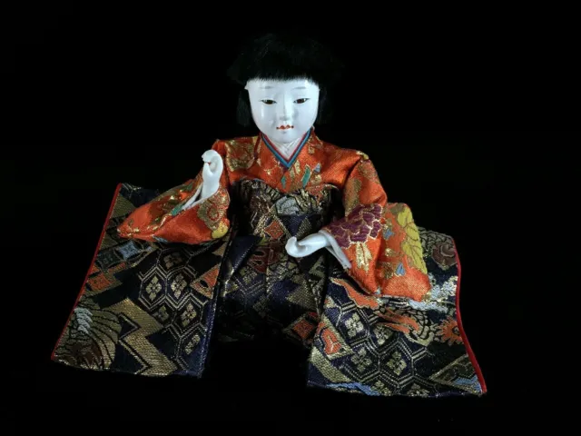 J0674 Japanese Vintage HINA Doll Statue Kimono Black Hair Boy OKIMONO Interior