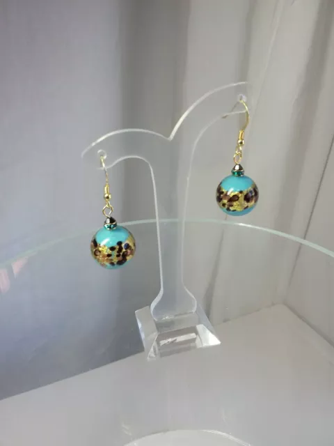 Deep Turquoise La Crima Black Round Murano Glass Earrings 14 mm