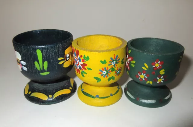 Wooden Egg Cups Hand Painted Floral Pattern Set of 3