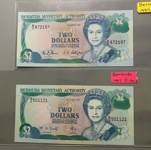 Bermuda 1989 $2 Pk34b & 1997 $2 Pk40a / Two Beautiful Gem Notes