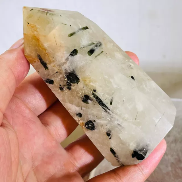 280g Natural Dark Green Tourmaline Quartz Crystal Point Wand Mineral Specimen