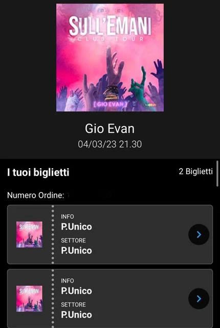  2 biglietti concerto gio evan- Bologna 