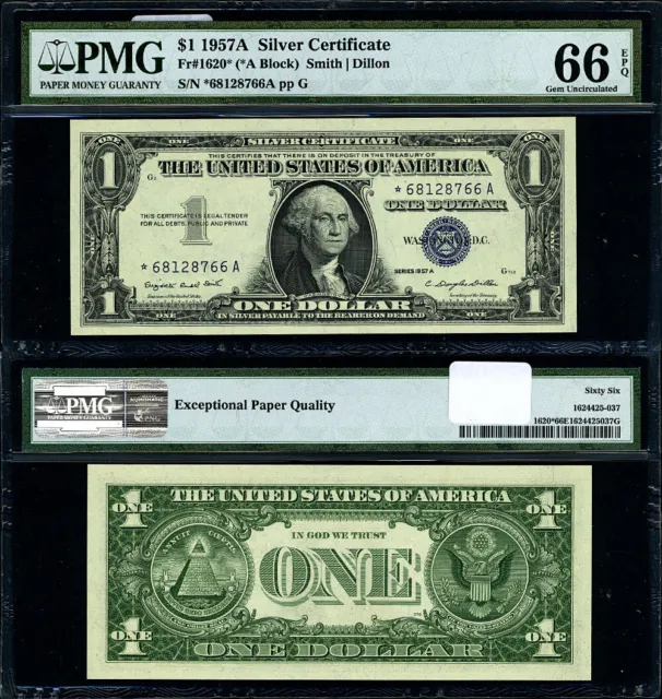 FR. 1620* $1 1957-A Silver Certificate *-A Block Gem PMG CU66 EPQ Star PQ