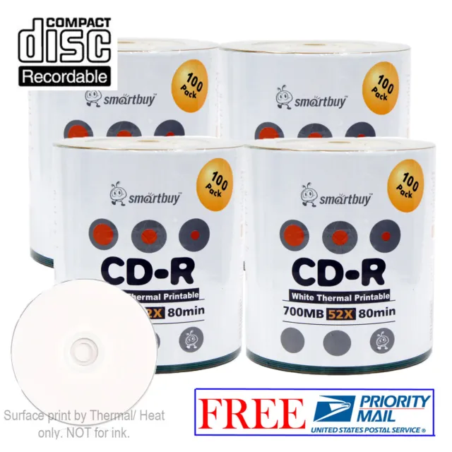 400 SmartBuy CD-R 52X 700MB/80Min White Thermal Hub Printable Record Media Disc