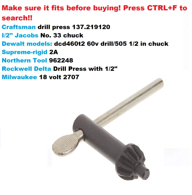 1/2-Inch Chuck Key with 1/4-Inch Pilot, Drill Press, Black-