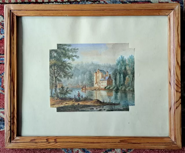 Jolie Aquarelle Encadree : Scene Champetre Et Chateau Pres D'un Lac. Xixe