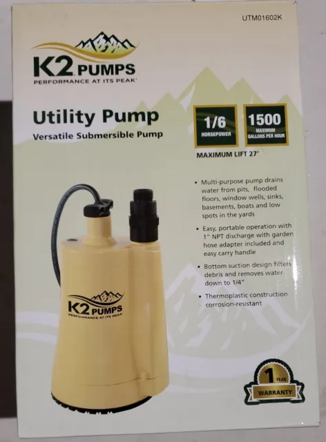 K2 Pumps Submersible Utility Pump 1/6 Hp Thermoplastic UTM01602K