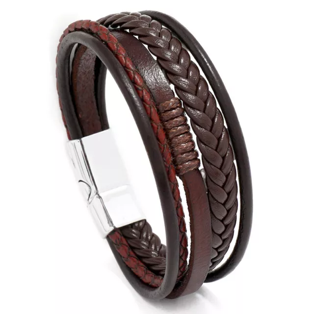 Men's Braided Leather Bracelet Multi-Layer Bangle Magnetic-Clasp Cuff Wristband