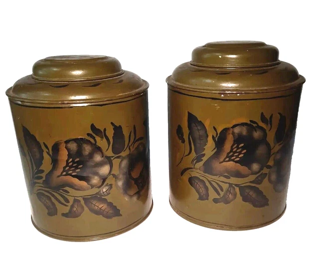 2 VINTAGE GREEN Metal Tin Canisters Green & Gold Flowers Hinged Top