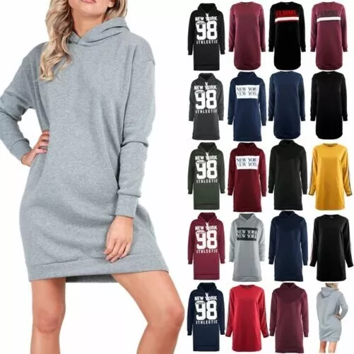 Donna con Cappuccio Largo Maniche Lunghe Pullover Maglione Oversize Mini Abito