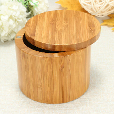 Bamboo Wood Round Salt Box Kitchen Storage Case Container Holder Spice Organizer