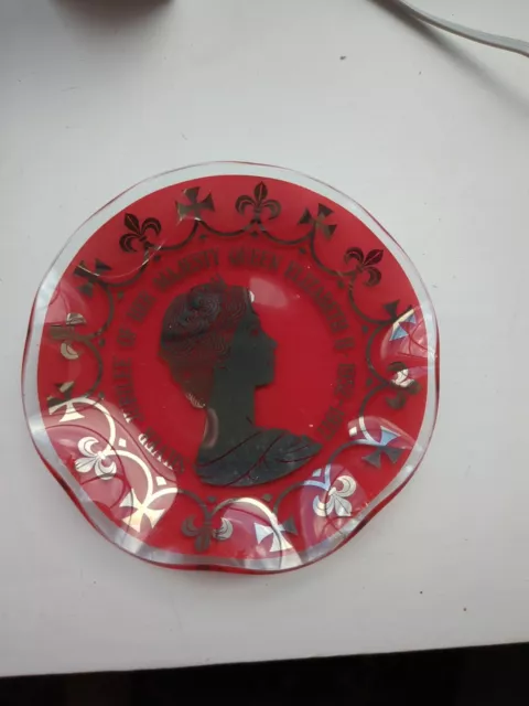 Chance Glass Trinket Dish Red Queen Elizabeth II Silver Jubilee 1977 British