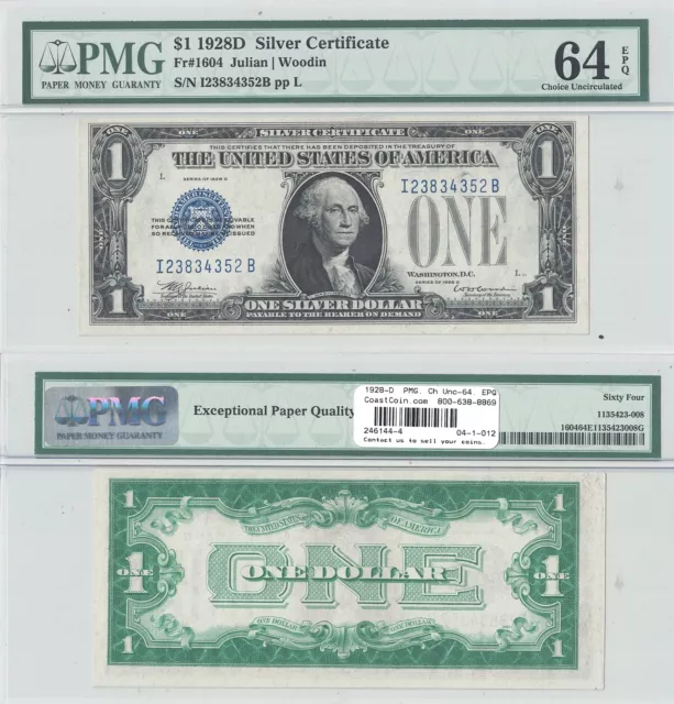 1928-D $1 Silver Certificate F-1604 PMG Choice Uncirculated-64 EPQ