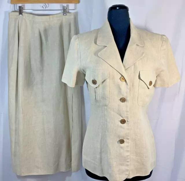 VTG Maggy London Suit Maxi Skirt Set Blazer 100% Linen Women’s Size 8 Tan Modest