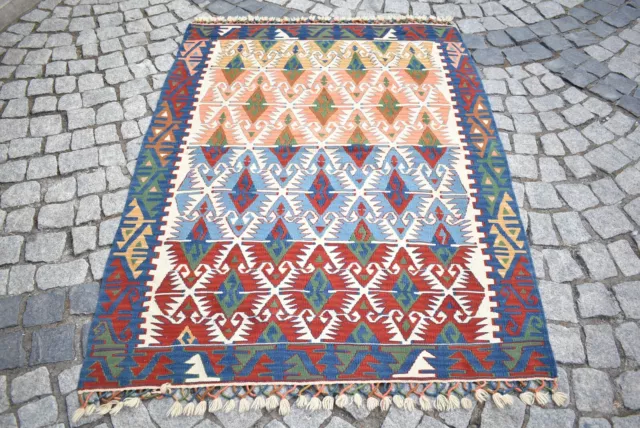 Turkish Konia Rug 4'0 x 5'2 ft Vintage Anatolian Wool Kilim Rug Bohemian Kilim