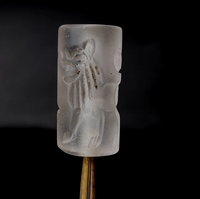 Beautiful Ancient Old Stone Crystal King & Lion Hollow Rare Cylinder Sealed...