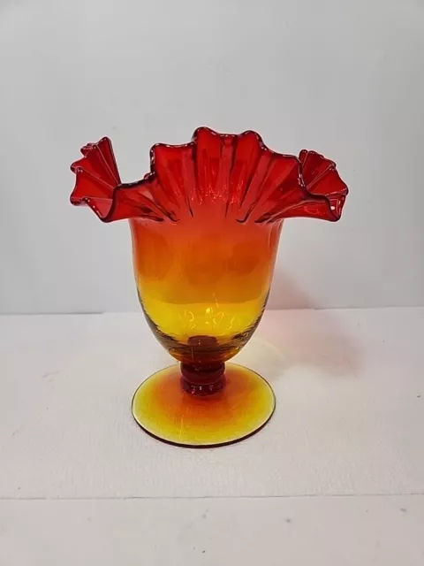 Blenko Glass Red Amberina Footed Vase Ruffled 8"Tall Vtg 5 Color Red To Yellow