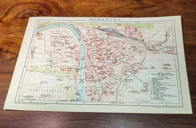historische Stadtkarte/Stadtplan 1898 " Würzburg " original