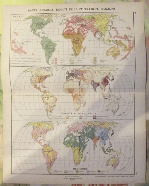 1962 World Map Human Races Density La Population Faiths New Hb