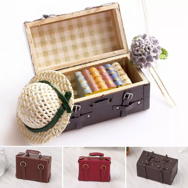 Vintage Wood Box Mini Suitcase Doll Leather Luggage Miniature Portable Trunk
